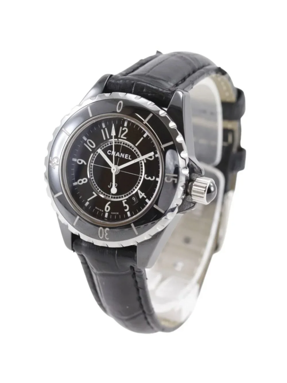Chanel 33 Ceramic Leather Quartz Analog Display Black Dial Watch